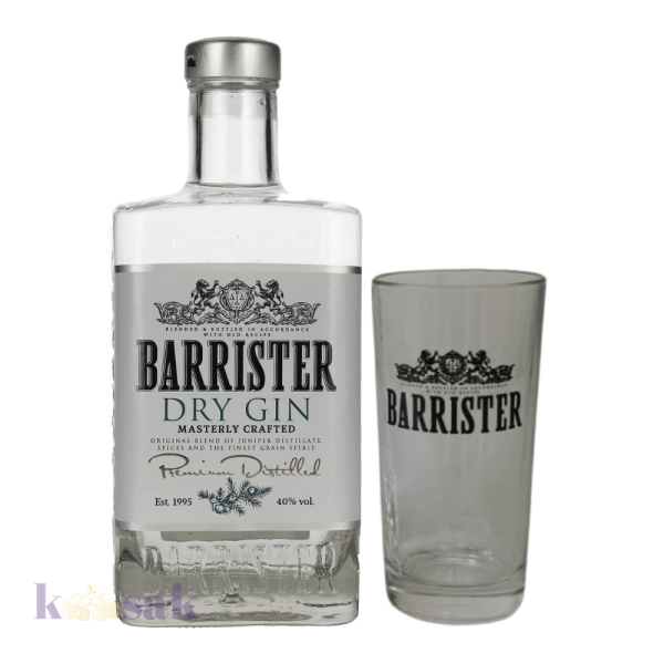 Barrister Dry Gin – 100 cl with a Glass